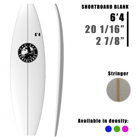 6'4" Shortboard SURFBLANKS - densité Bleu Standard 40Kg/m3